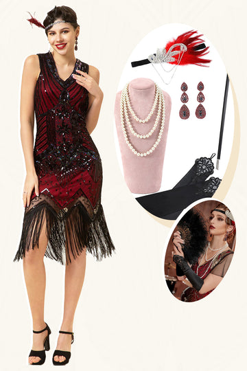 Paillettes rouges et noires Franges Gatsby des années 20 avec ensemble d’accessoires des années 20